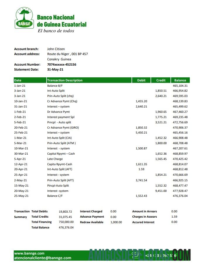 Guiné Equatorial para impressão O modelo de extrato bancário nacional em formato Excel e PDF